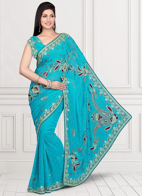 फ़िरोज़ा नकली शिफॉन साड़ी