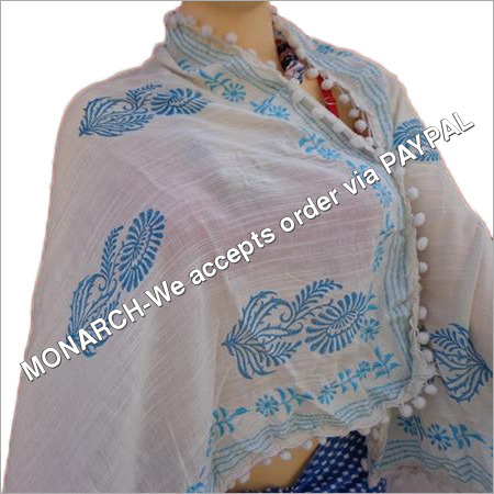 Hand Block Printed Stole - Cotton, Blue | Eye-catching Prints, Trendy Tassel Embellishment, Skin-friendly Soft Texture