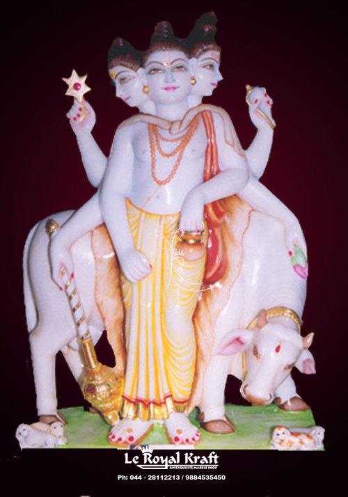 Marble Dattatreya Statue - Handcrafted White Marble, 2 Feet Tall, Traditional Indian Style | Smooth Finish, Elegant Design, Lively Appearance