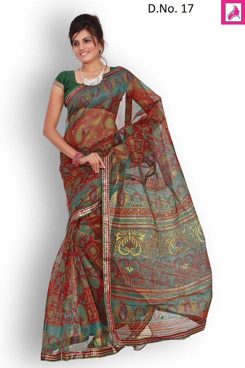 ओस्टैंटेनियस मल्टी शेडेड डीजाइनर बॉर्डर एवर ग्रीन साड़ी