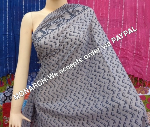 ज़िगज़ैग ग्रे पैटर्न हैंड ब्लॉक प्रिंट सारंग