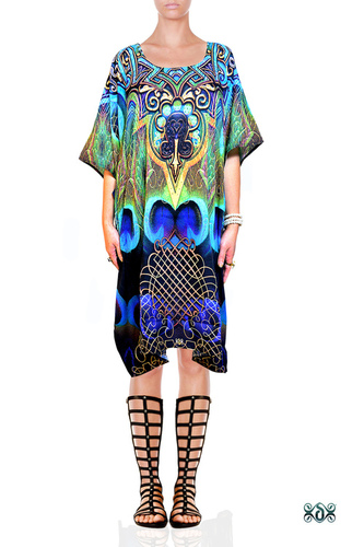 डिजिटल प्रिंट मयूर डिजाइन कफ्तान पोशाक