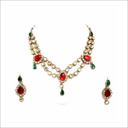 Red Green 2 Link Kundan Necklace Set 17