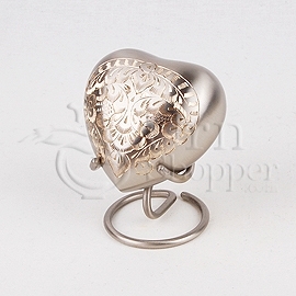 Classic Platinum Engraved Brass Token Cremation Urn - 3"x4" Heart-Shaped, Pewter Finish | Miniature Keepsake with Metal Display Stand