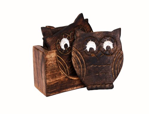हाथ से तराशी गई उल्लू के आकार की लकड़ी की कोस्टर उपहार विचार