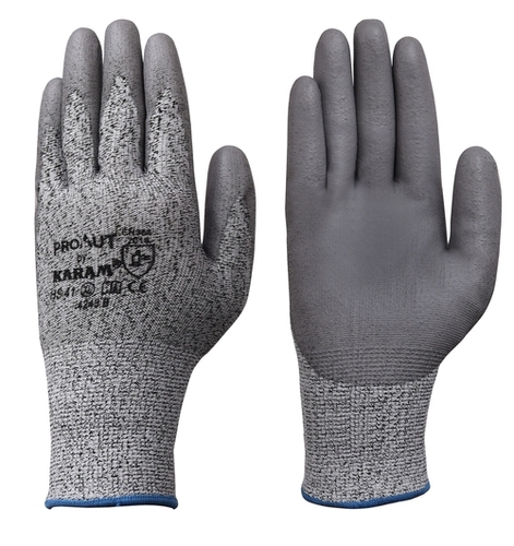 KARAM HS41 Cut Resistant Gloves - HPPE Nylon-Spandex Blend, Grey Color | Full Finger Design, PU Coated Palm, CE EN 388:2016 Certified
