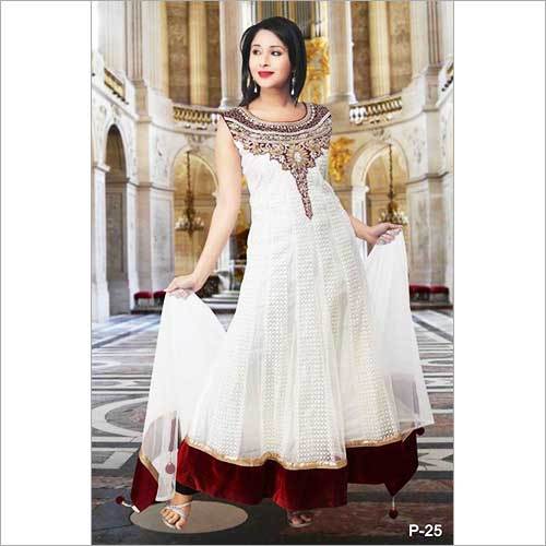 Ladies Designer Suits - Net Fabric, Floor Length, White Color | Sleeveless, Round Neck, Intricate Bead and Stone Embroidery, Comfortable Fit, Party Wear