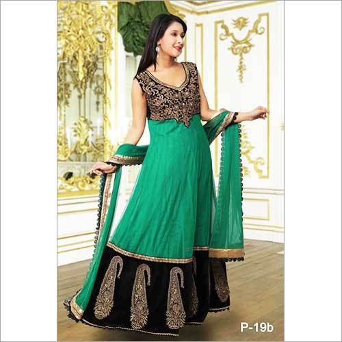 Ladies Designer Suits - Net & Silk Fabric, 54 Inches Length, Green Color | Handcrafted Embroidery, Comfortable Fit, Elegant Anarkali Design, No MOQ