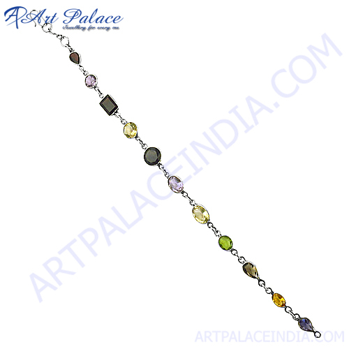 मल्टी स्टोन बेजल सिल्वर ब्रेसलेट