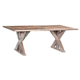 आयरन डिटेल के साथ रिक्लेम्ड वुड डाइनिंग टेबल