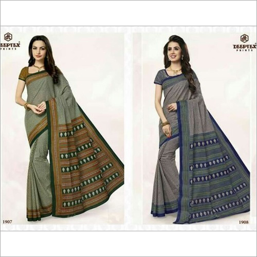 Deeptex Printed Cotton Saree - Pure Cotton, 5.5 MTRS Length, Grey Color, Casual Dress Type, Indian Ethnic Pattern, Washable, Customized Logo