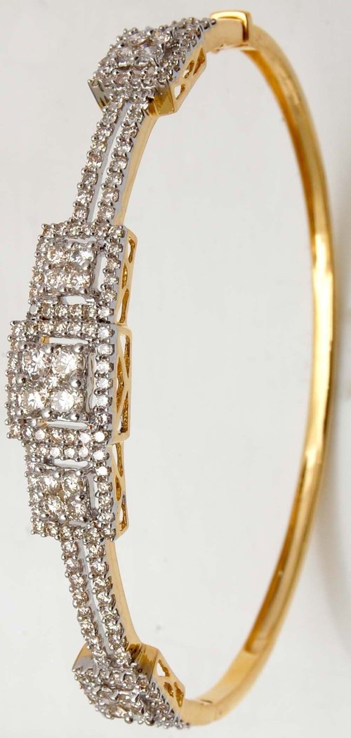 Round Cut Diamond Square Design 18k Gold Bangle - Coral and Crystal Accents, Unisex and Women's Jewelry for Parties and Weddings