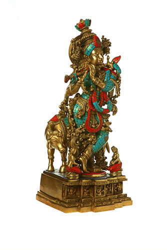 Bronze Krishna With Stone Inlay Work