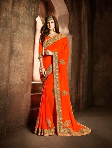 Orange Designer Georgette Saree with Heavy Embroidery - 6.3 Meter, Ethnic Dress Style, Short Sleeves, All-Season Wear, Customized Size