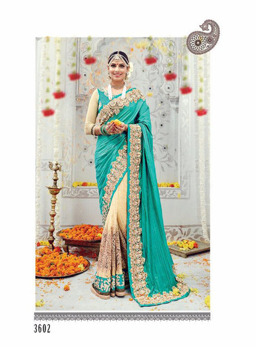 Exclusive Designer Bridal Wear Saree - Banarasi Silk & Pure Silk, Customized Up to 40", Sky Blue & Beige | Heavy Jari and Diamond Work, Full Sleeves, Dry Clean Only