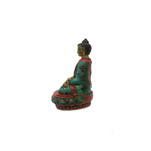 Meditating Buddha In Bronze With Stone Inlay Work