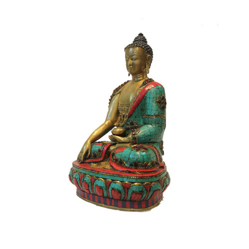 Meditating Buddha In Bronze With Stone Inlay Work