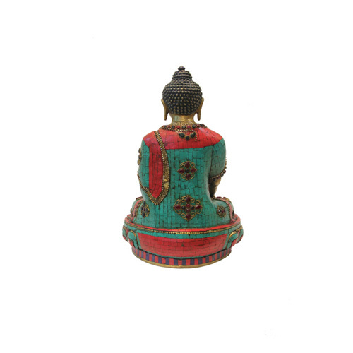Meditating Buddha In Bronze With Stone Inlay Work