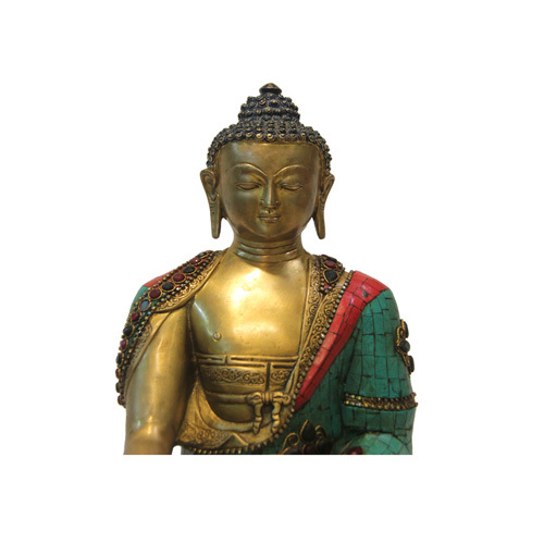 Meditating Buddha In Bronze With Stone Inlay Work