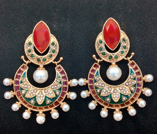 Antique Earrings - Metal, Pearl, 2-3 Inches, Red | Enameled Finish, Elegant Dangle Design, Pearl Details