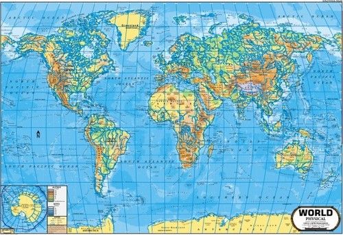 वर्ल्ड रिलीफ ऑफ लैंड (फिजिकल) मैप आयाम: 70 X 100 सेंटीमीटर (Cm)