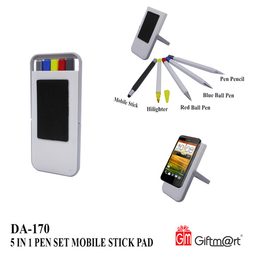 Stationary Set With Mobile Holder - Plastic Material, 14x6 cm Size, White And Black Color | Includes Ballpoint Pen, Mechanical Pencil, Stylus, Cleaning Cloth