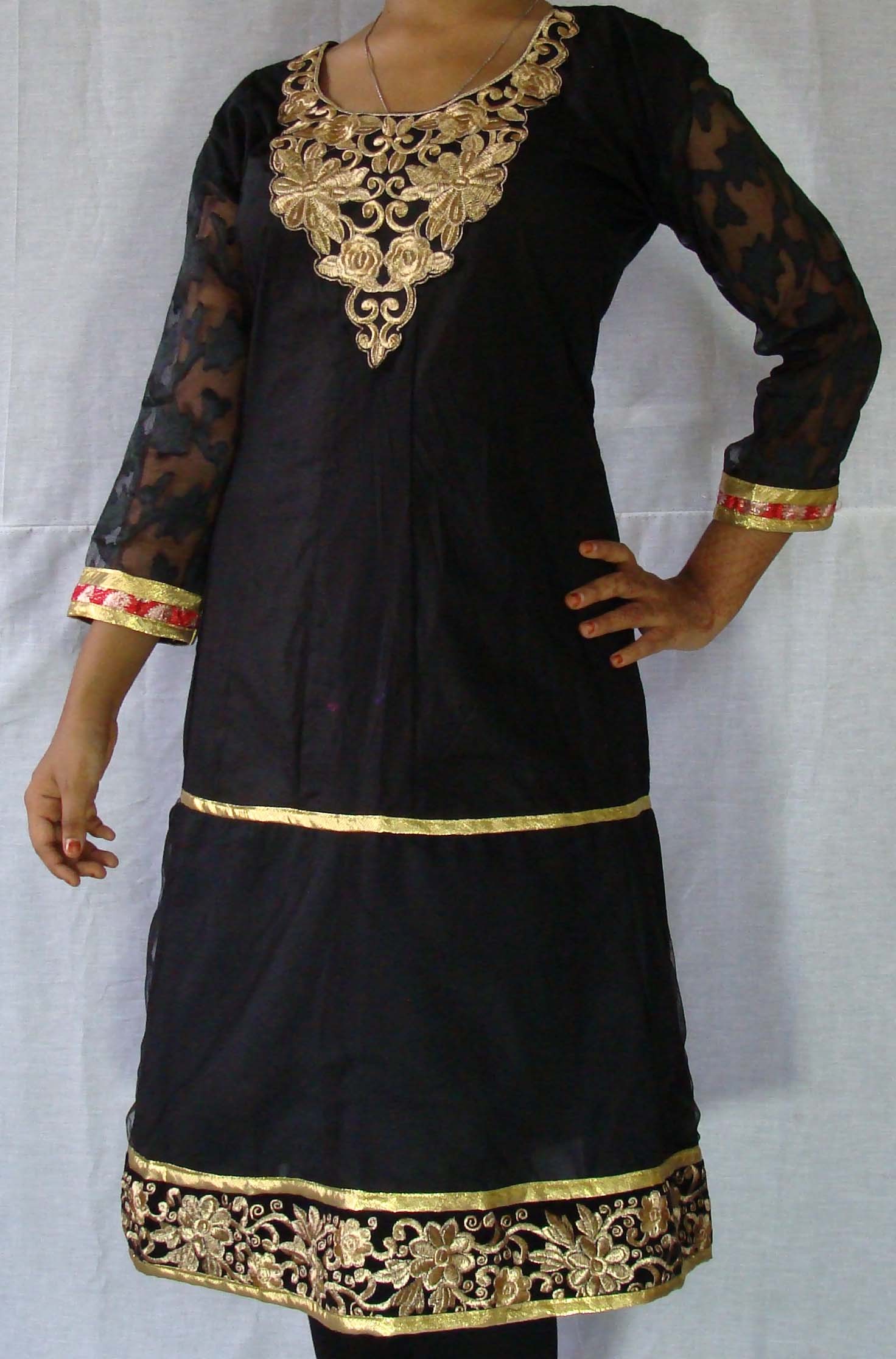 Designer Cotton Anarkali Embroidery Golden Neck