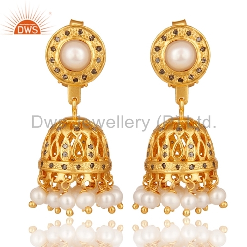 Round Brilliant Cut Natural Pearl Gemstone Diamond Earrings