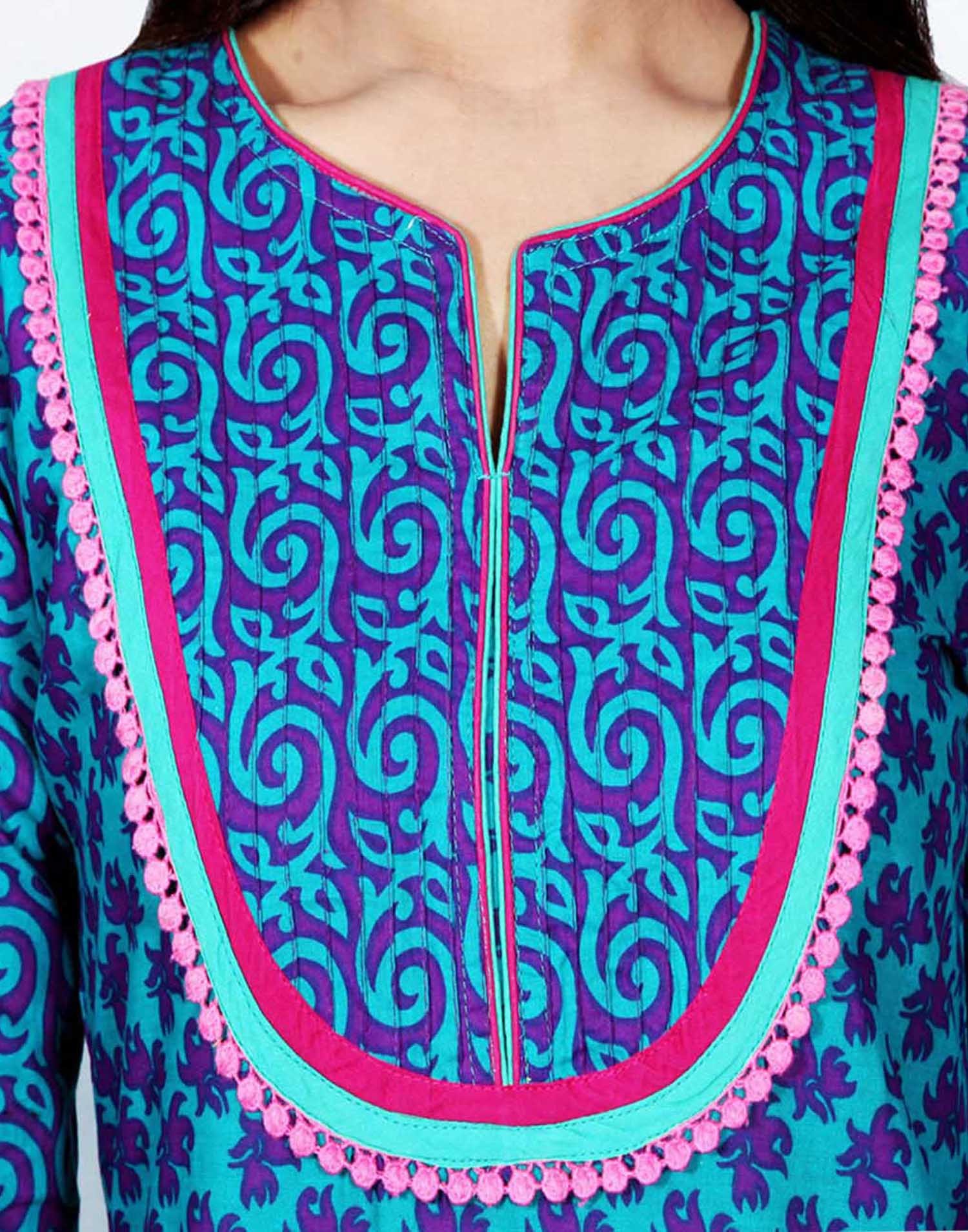 Printed Cotton Kurta - Standard Size, Blue Color | Light In Weight, Quick Dry, Washable, Female Use