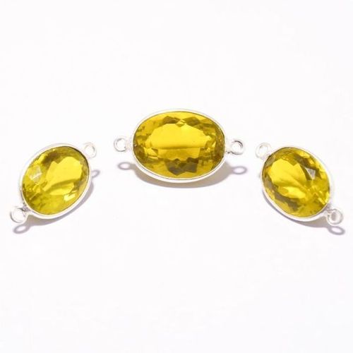 लेमन क्वार्ट्ज़ फेसेटेड ओवल कट स्टोन कनेक्टर सिल्वर प्लेटेड