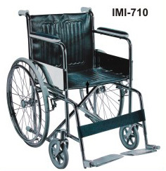 Commode Wheelchair - Chrome Plated Tubular Steel Frame, 45cm Leatherette Seat & Fixed Armrest - Solid Rear Wheels With Self Propelling Rings, Forward Push Safety Brakes