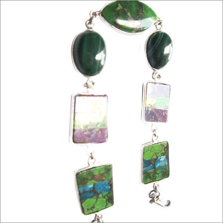 ग्रीन मल्टी फ़िरोज़ा 7 पीस कनेक्टर्स सिल्वर प्लेटेड ब्रेसलेट 7.5 इंच