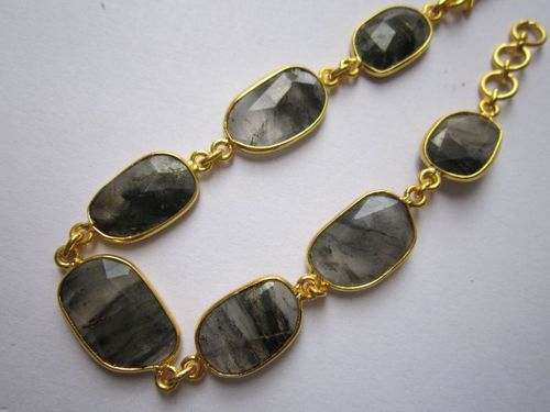 ब्लैक रूटाइल क्वार्ट्ज 7 पीसी कनेक्टर्स गोल्ड प्लेटेड ब्रेसलेट 7.5 इंच