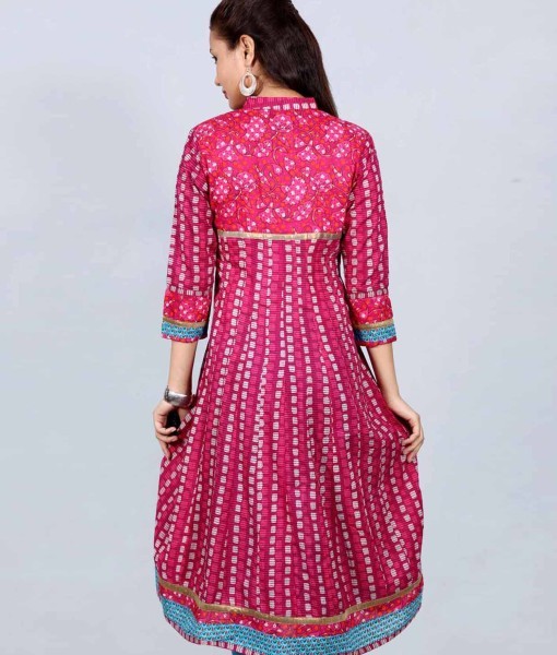 Printed Pink Cotton Anarkali With Embroidered Neckline Kurti - Standard Size S M L Xl Xxl | Lightweight, Quick Dry, Washable