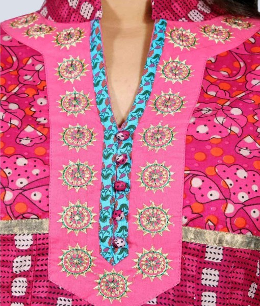 Printed Pink Cotton Anarkali With Embroidered Neckline Kurti - Standard Size S M L Xl Xxl | Lightweight, Quick Dry, Washable