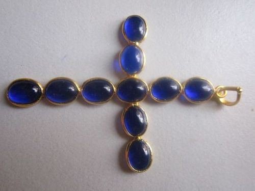 blue quartz 7x9mm oval cabochons shape cross pendant 22k gold plated 