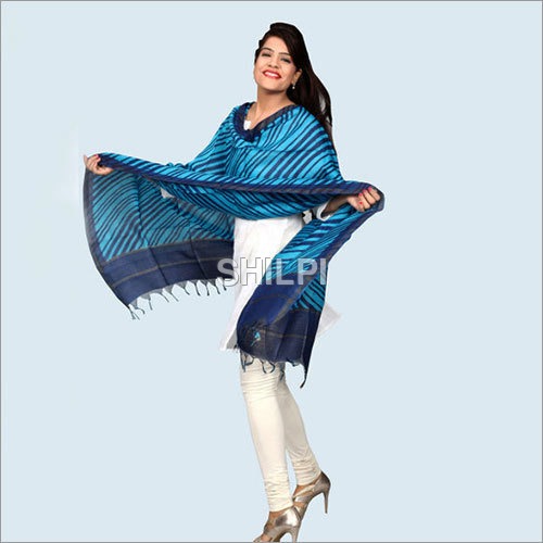 चंदेरी सिल्क हैंड ब्लॉक लेहरिया प्रिंटेड नीला दुपट्टा
