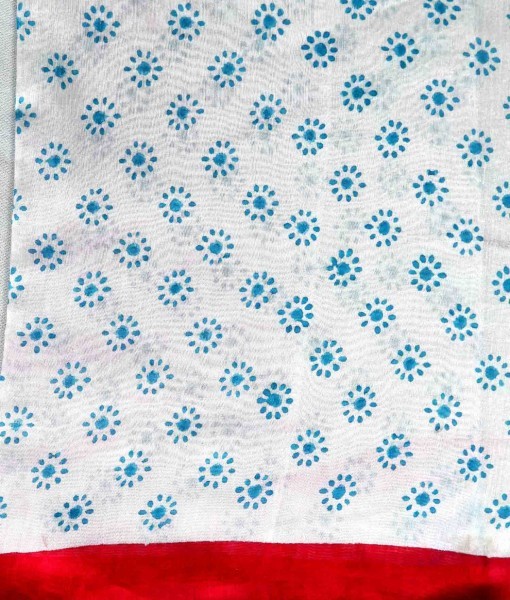 Cotton Moonga Rani Hand Block Printed Saree - Standard Size, Blue Color With Tri Color Border | Lightweight, Quick Dry, Washable