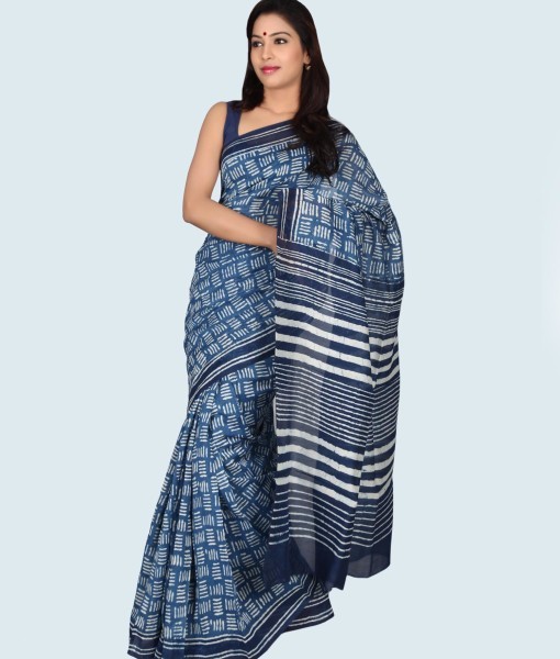 Chanderi Silk Saree - Standard Size, Dark Indigo Blue Hand Block Print | Light Weight, Washable