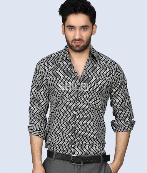 Washable Black And White Zig-Zag Print Full Sleeves Cotton Shirt