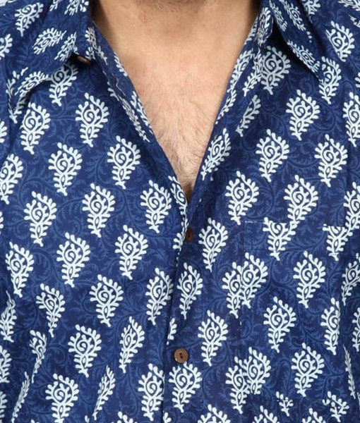 Washable Indigo Blue Printed Full Sleeves Cotton Shirt