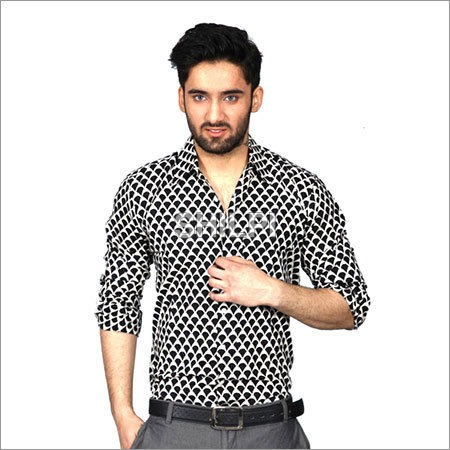 Quick Dry Black And White Fish Scale Print Full Sleeves Cotton Shirt