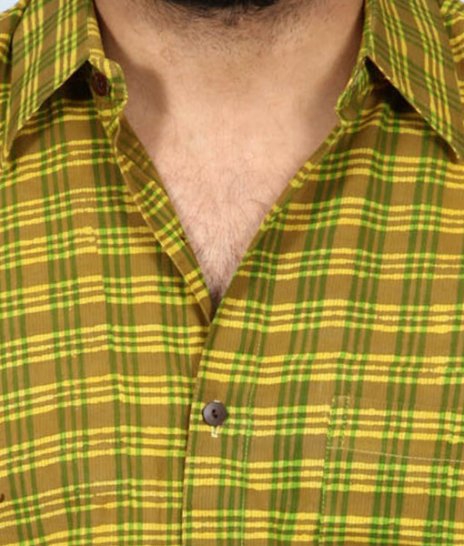 Quick Dry Yellow-green Check Print Textured Cotton Full Sleeves Shirt