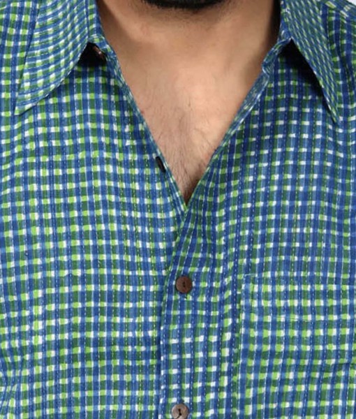 Quick Dry Blue Check Print Full Sleeves Cotton Shirt