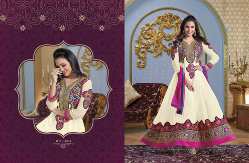 4004 - Cotton Gorgette Fabric, White and Pink Color, Full Sleeves, Embroidered Pattern | Breathable, Washable, Ideal for Rainy and Spring Seasons