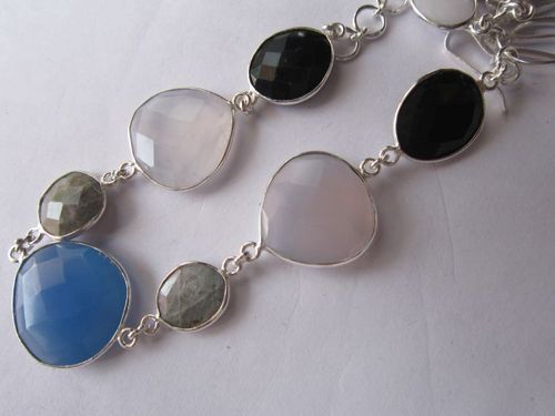 ब्लू एमड ब्लैक एंड व्हाइट मल्टी 7 पीस स्टर्लिंग सिल्वर प्लेटेड 8 इंच कनेक्टर पहनने के लिए तैयार ब्रेसलेट