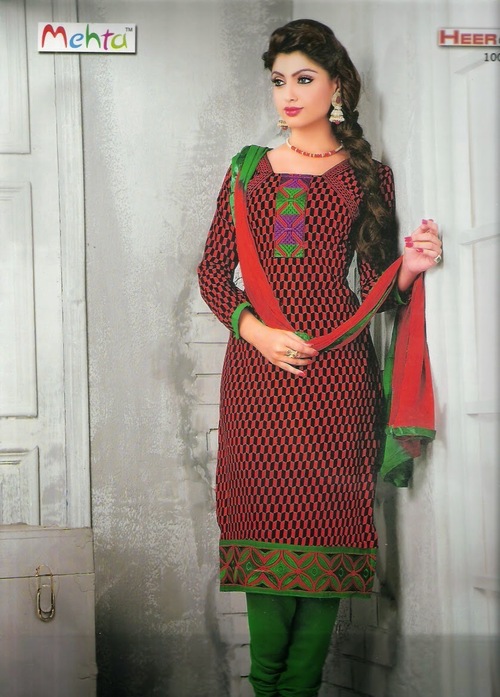 मैरून और हरे रंग की कॉटन ड्रेस सामग्री