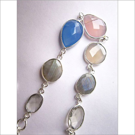 गुलाबी और सफेद और नीला मल्टी चैलेडोनी 7 पीस स्टर्लिंग सिल्वर प्लेटेड 8 इंच कनेक्टर पहनने के लिए तैयार ब्रेसलेट