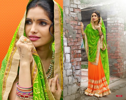 Janvi Saree - Chiffon Multi-color Printed Saree with Satin Blouse | Lace Closure, Bandhani Style, All-Season Fashion