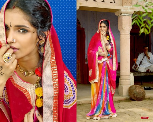 Chiffon Silk Saree - Multi-color Printed Bandhani Design | Laces Closure For All Seasons